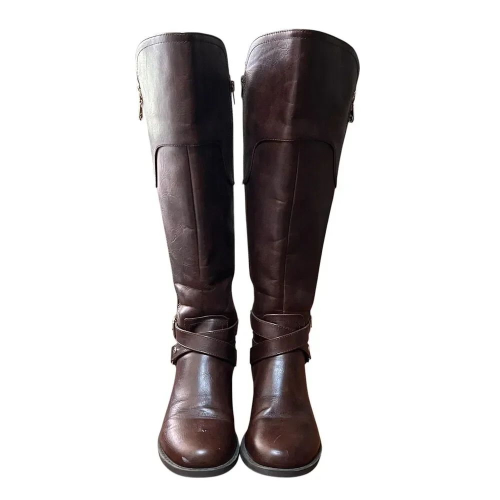 GBG Guess Boots Women's 7.5 Brown Knee High Riding Equestrian Wide Calf Buckle